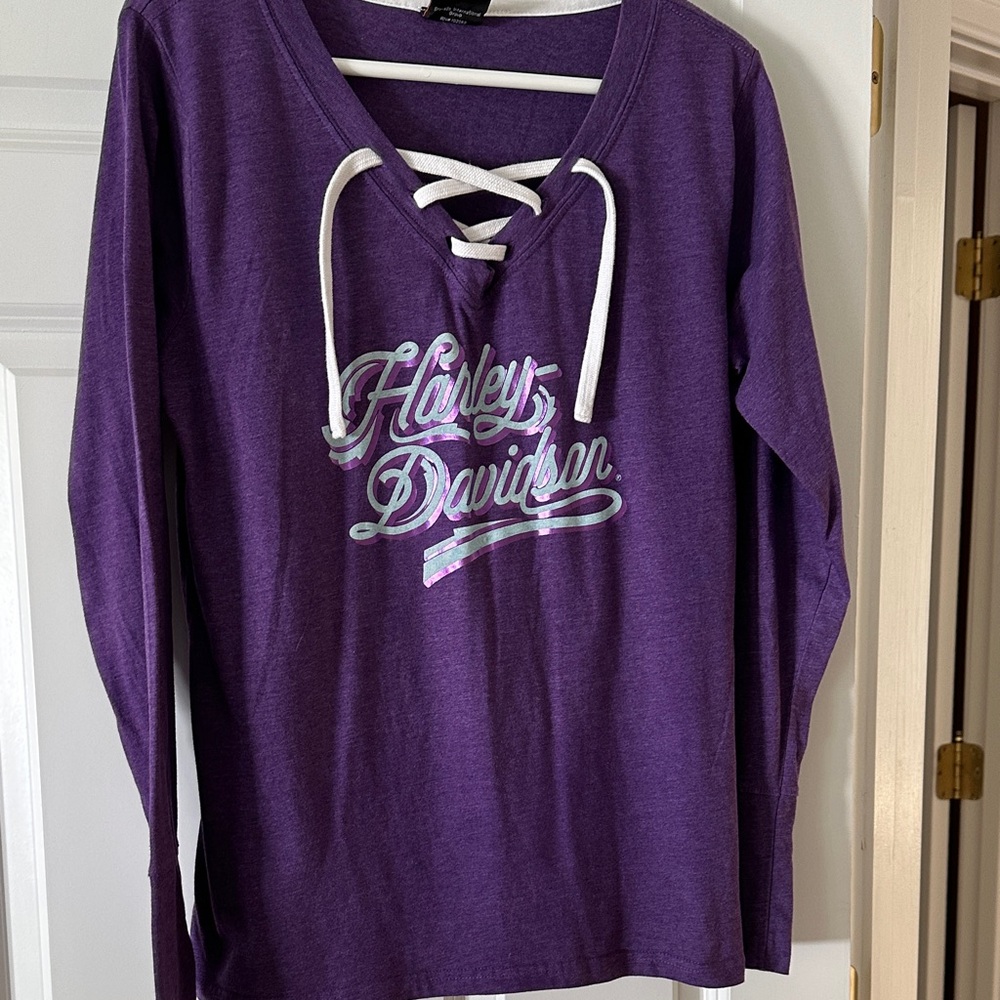 Harley-Davidson long sleeve tshirt in purple with white shoestring tie